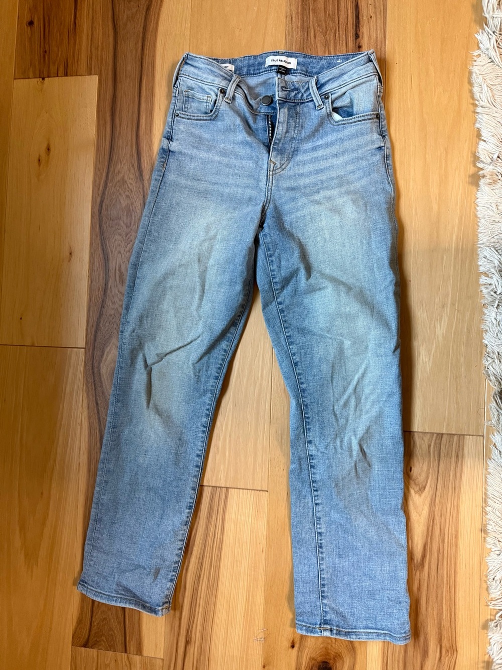 True Religion Light Blue Straight Leg Jeans, curvy and cropped.